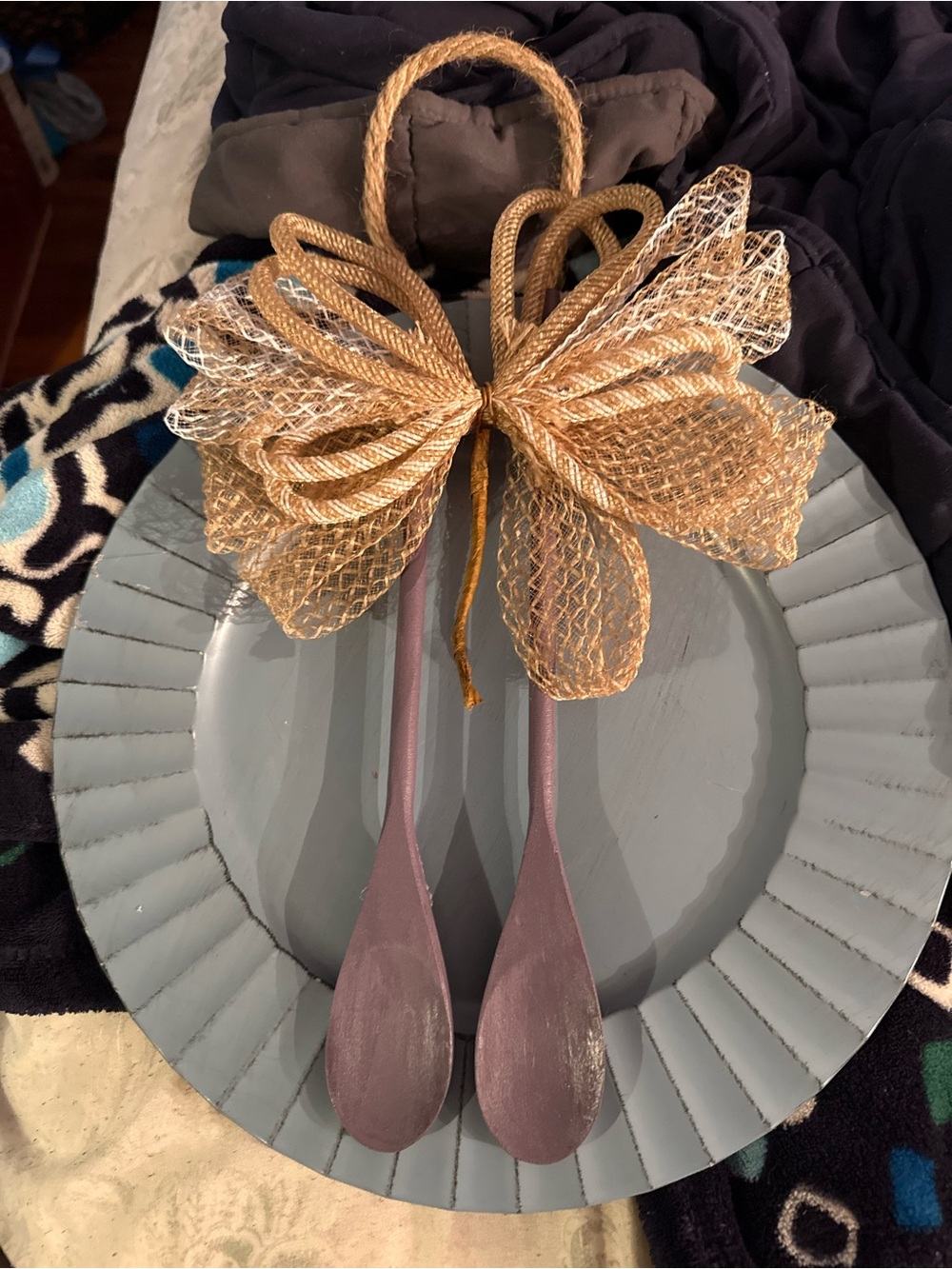 Decorative Gray/BlueCharger Plate with Purple Wooden Spoons and Gold Bow